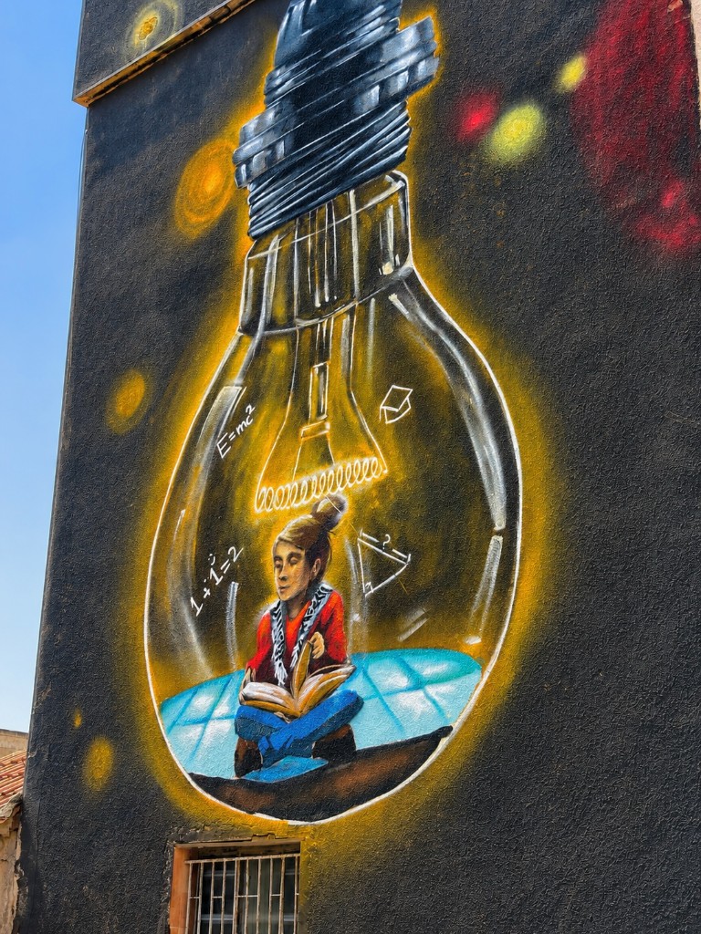 Mural of a girl reading inside a glowing light bulb with scientific symbols